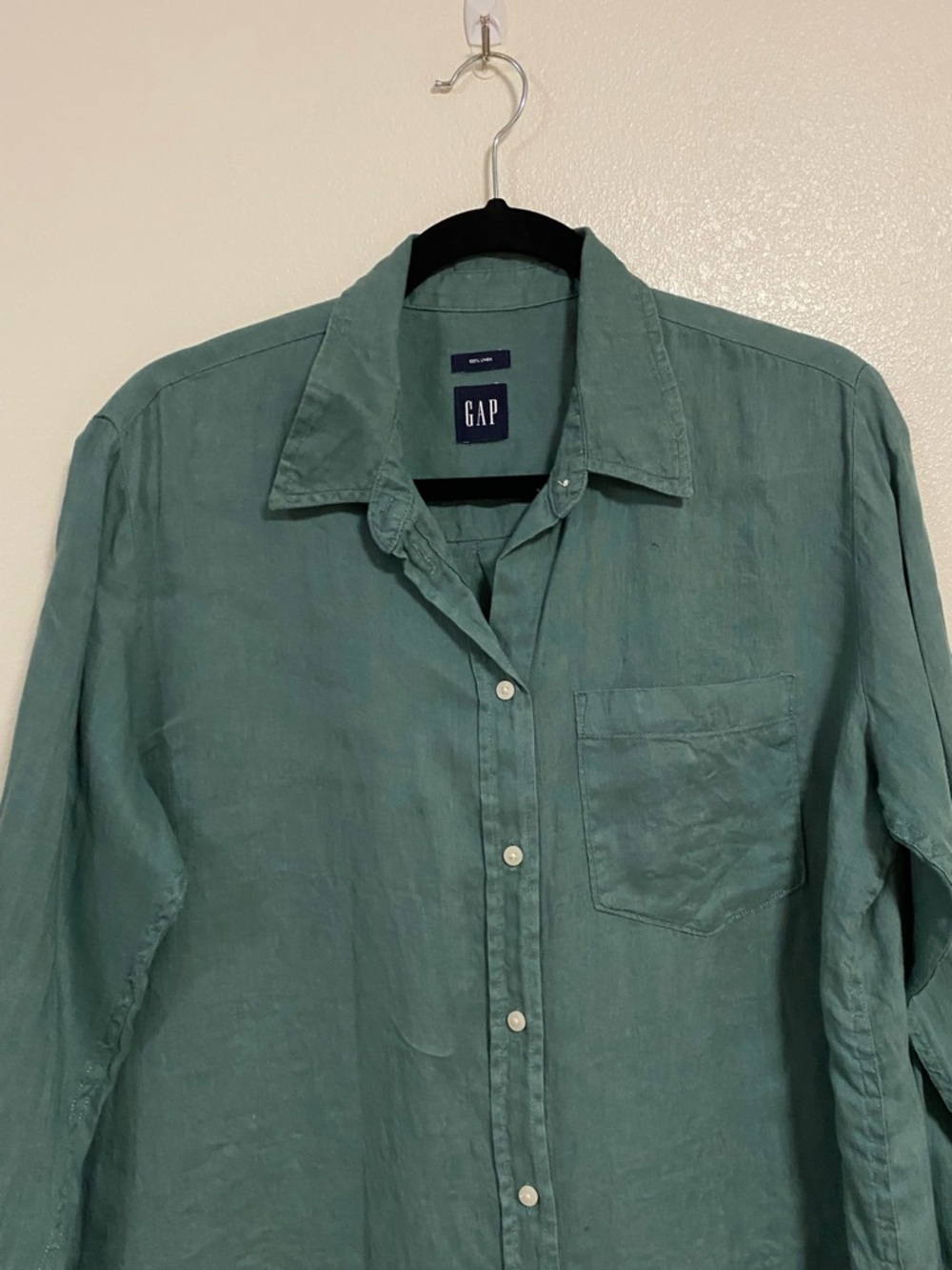 GAP Shirt Women’s Size XL Green Long Sleeve Linen Button up Blouse -FLAW - Picture 3 of 12